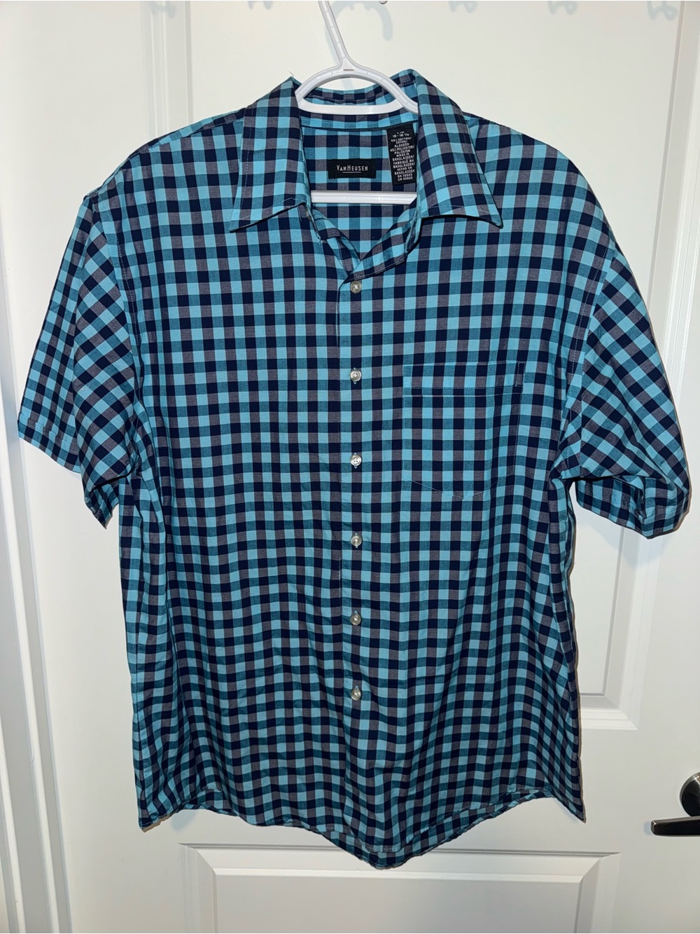 Van Heusen Blue and Navy Check Short Sleeve Button-Up Shirt
